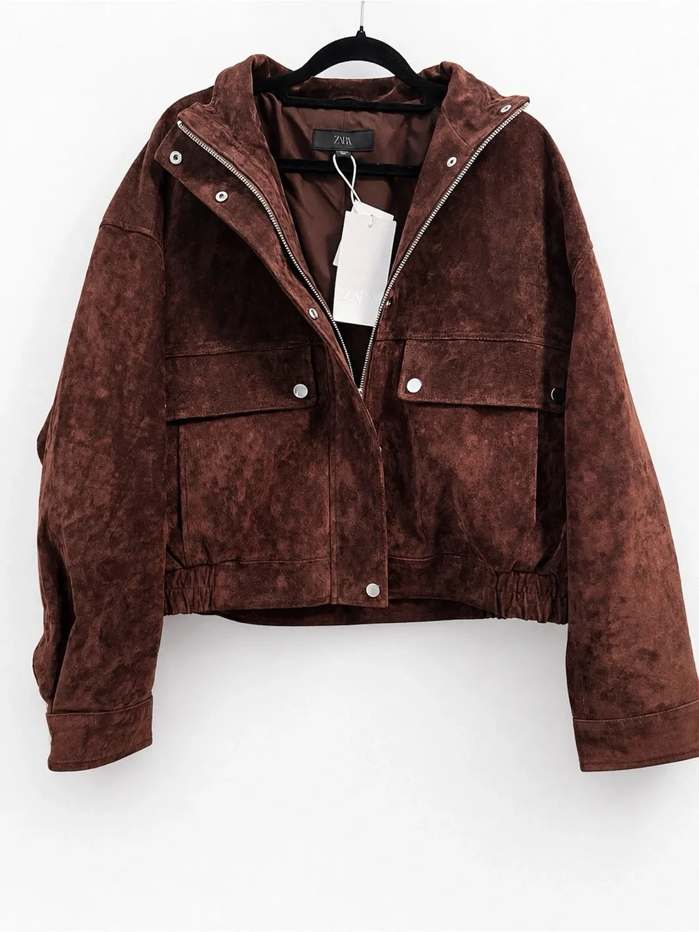 ZARA 100% SUEDE LEATHER BOMBER JACKET WITH POCKETS XL NWT